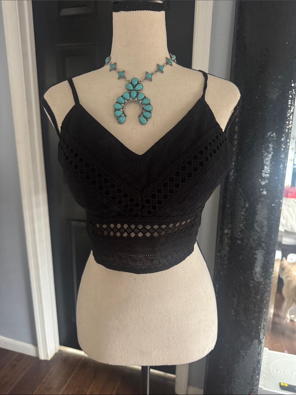Rebellion Black Crochet Lace Crop Cami with Adjustable Straps